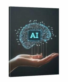 Digital brain with AI letters displayed above an open hand, symbolizing artificial intelligence technology and innovation concepts.