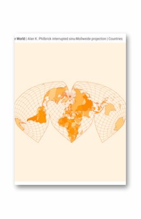World Map. Alan K. Philbrick interrupted sinu-Mollweide projection. Countries style. High Detail World map for infographics, education, reports, presentations. Vector illustration.