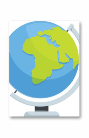 Cartoon globe rotating on a stand, showing africa and asia in green and the oceans in blue