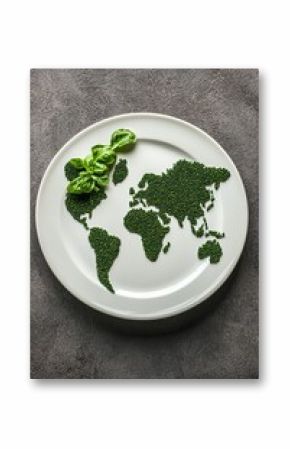 Green vegetables arranged as a world map on a dinner plate, symbolizing healthy planet, eco-friendly food choices, and sustainability