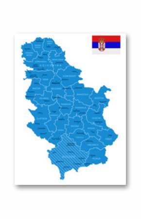 Serbia - detailed blue country map with cities and regions. Vector illustration.