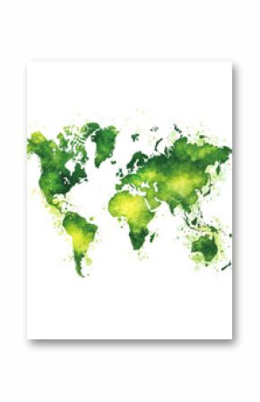 Watercolor world map with green tones on white background