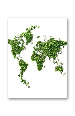 World map made of vibrant green leaves, white isolate background