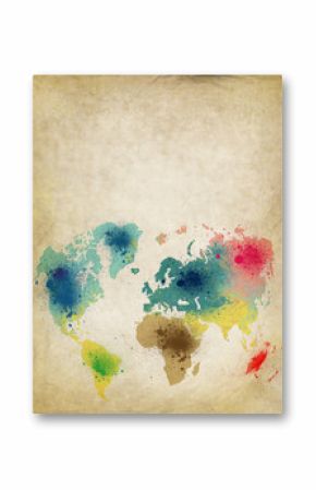 world map with colorful paint stains on old paper