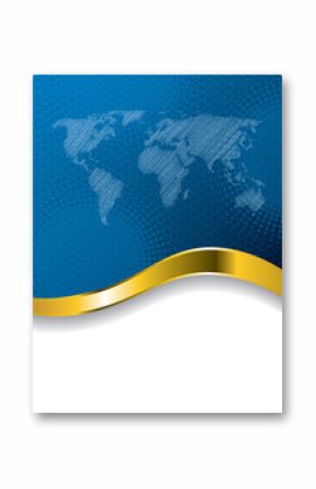 Blue business brochure design with world map and halftone