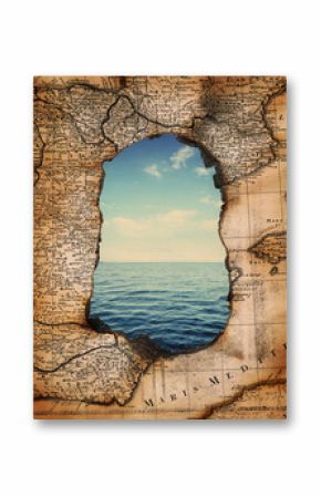 vintage burned-down map opens a view of the sea. Ready design on the subject of adventures, pirates
