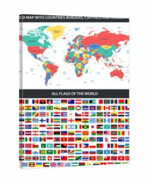 All flags of the world in alphabetical order and Detailed world map with borders, countries, large cities