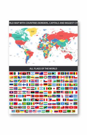All flags of the world in alphabetical order and Detailed world map with borders, countries, large cities