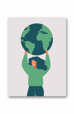 Happy woman holds the green planet Earth. Vector illustration of Earth day and saving planet. Environment conservation and energy saving