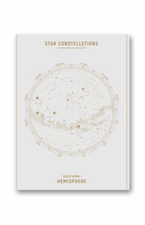 Southern hemisphere. High detailed star map of vector constellations. Gold astrological celestial map with symbols and signs of zodiac