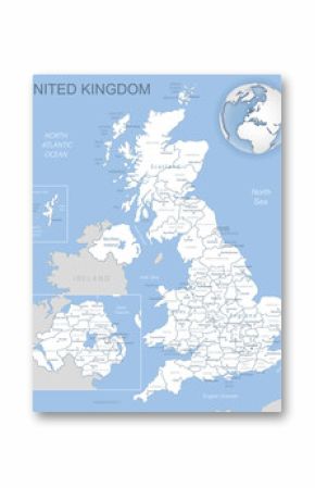 Blue-gray detailed map of United Kingdom and administrative divisions and location on the globe. Vector illustration