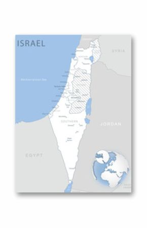 Blue-gray detailed map of Israel and administrative divisions and location on the globe.