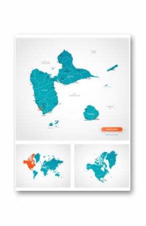 Editable template of map of Guadeloupe with marks. Guadeloupe on world map and on North America map.