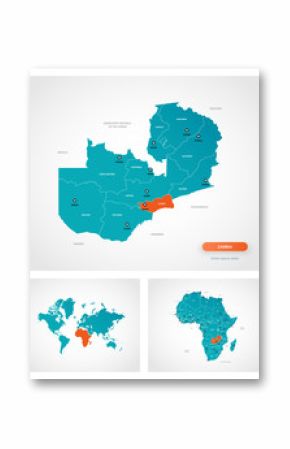 Editable template of map of Zambia with marks. Zambia  on world map and on Africa map.