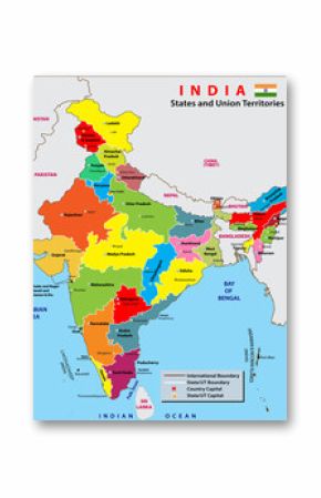 India map. States and union territories of India. India political map with capital New Delhi, national borders, important cities, rivers and lakes. English labeling and scaling with details.