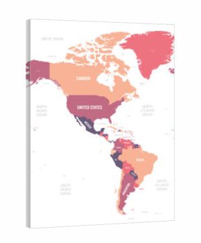 Americas map. High detailed political map of North and South America continent with country, ocean and sea names labeling
