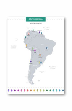 South America map with location pointer marks. Infographic vector template, isolated on white background.