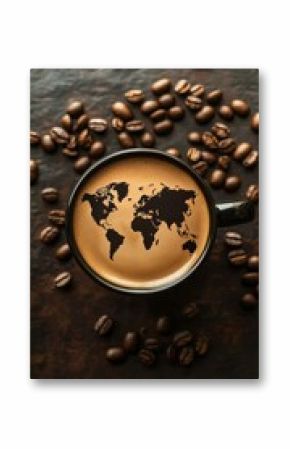 A black coffee cup sits against a rustic wooden surface, showcasing a beautifully detailed world map design formed by the coffee's crema. Surrounding the cup is a scattering of roasted coffee beans