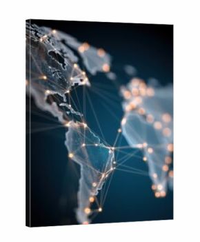 Global network connecting world continents with glowing nodes and lines on dark background depicting international communication and digital connectivity in a modern abstract style