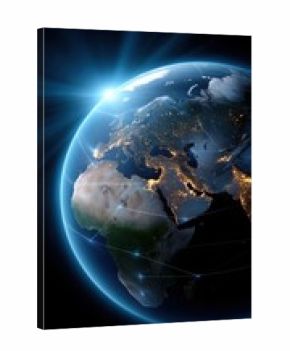 Glowing Earth Planet View from Space Showing Europe Africa and Asia with Connection Lines and Blue Light