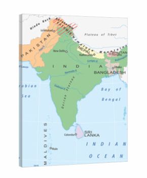 Vector political world map. South Asia with India, Kashmir, Pakistan, Indian Ocean, Maldives, Bangladesh, Nepal, Himalaya mountains, Bhutan, Arabian sea, Bengal Bay, New Delhi, Ganges River, Sri Lanka