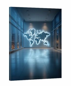 Modern office interior with glowing world map on the wall overlooking cityscape at night wide angle shot concept of global business