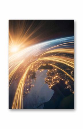 Digital Earth at Night with Global Connectivity Lines and Sunrise Horizon  