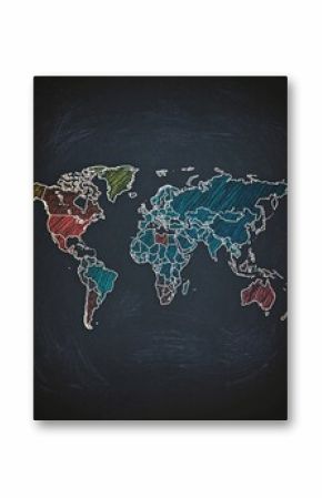 A vibrant chalk drawing of the world map on a blackboard, showcasing colorful continents and oceans, with intricate details and artistic flair.