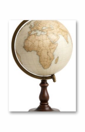 Antique-style globe with a wooden stand and brass frame showing detailed world map on transparent background.