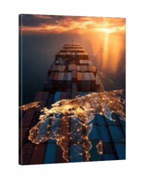 Container Ship at Sunset with Illuminated World Map Overlay