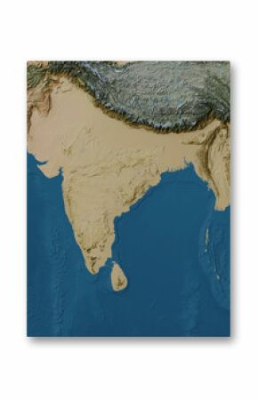 Indian Peninsula map of land and ocean floor terrain with blended colors and satellite imagery (India, Nepal, Bhutan, Bangladesh, Sri Lanka, Bay of Bengal, LCC projection)