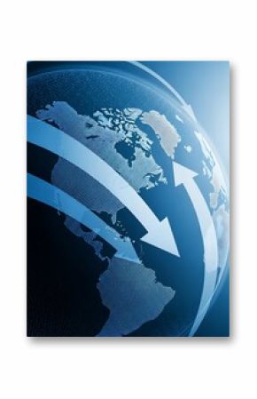 Global business strategy depicted by world map with arrows indicating growth and expansion