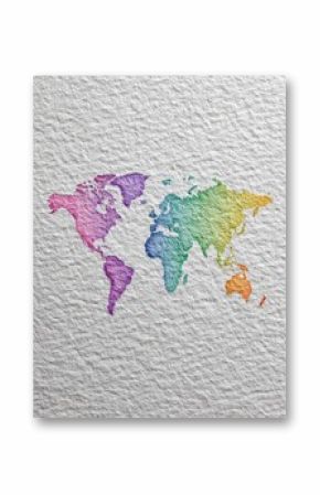A watercolor rendering of a world map showcases vibrant colors blending beautifully. The continents display shades of purple, green, blue, and orange against a textured white paper background.