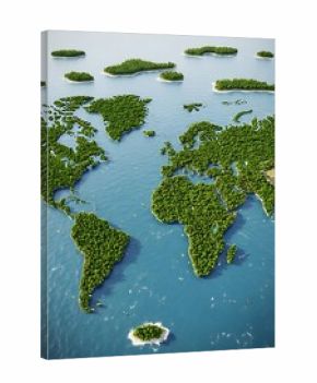 A world map illustration with green islands.