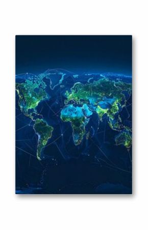 A stylized world map, glowing with city lights and interconnected lines