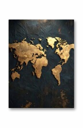 Golden world map on dark textured backdrop