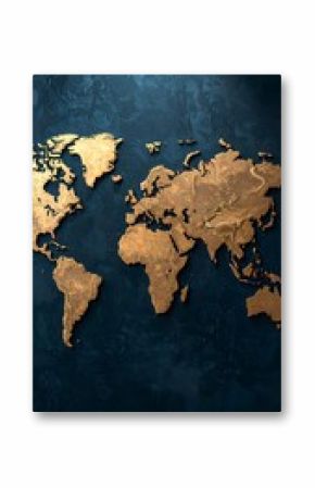 Golden world map on dark textured background