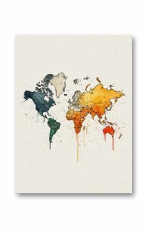 Watercolor world map, stylized continents, drips