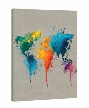 World map, watercolor splatters, vibrant colors on a neutral backdrop