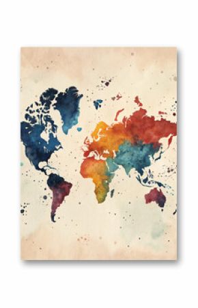 Colorful watercolor world map with abstract paint splatters