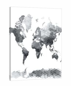 Gray-scale world map with a polygonal/geometric design