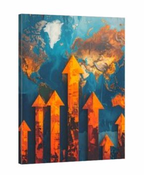 Abstract art depicting global growth with upward-trending arrows superimposed on a stylized world map