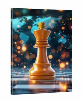 King chess piece on illuminated chessboard with world map background and glowing bokeh lights conveying strategy and global competition