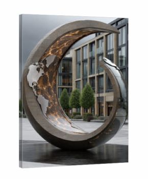 Modern outdoor sculpture featuring a swirling metallic design with embedded world map details and warm interior lighting