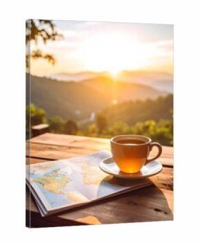 Warm Morning Tea with World Map and Sunrise Over Mountain Landscape