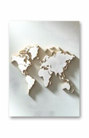 An intricate 3D world map rendered with shadows and highlights, positioned on a soft, light solid color backdrop