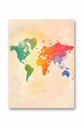 A creative vector representation of the world map with a watercolor effect, positioned on a soft light background for versatility