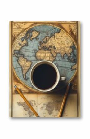 A cup of coffee on an old world map with pencils, ready for travel planning.