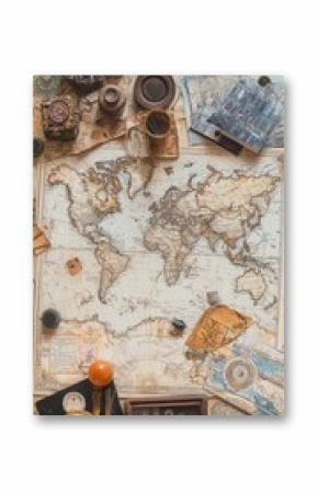 Vintage world map with antique tools and pictures.