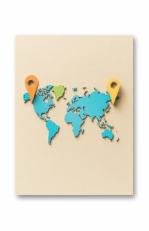 Highlighted map pins indicate major travel destinations on a world map outline, inspiring future adventures and exploration. Generative AI